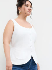 Linen-blend U-neckline Button Through Knotted Blazer Vest Curve & Plus