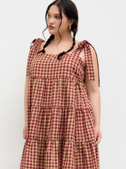 Cotton-blend Gingham Bowknot Tiered Ruffle Mini Dress Curve & Plus