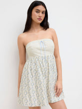 Cotton Patched Floral Knotted Shirred Ruffle Bandeau Mini Dress