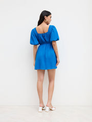 Linen-blend V-neck Shirred Puff Sleeve Mini Dress
