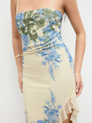 Mesh Square Neck Floral Split Maxi Dress