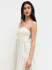 Cotton Patched Floral Knotted Shirred Ruffle Bandeau Mini Dress