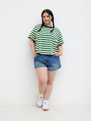 Cotton-blend Round Neckline Stripe Tee Curve & Plus