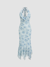 Halter Neckline Floral Ruched Lace Trim Ruffle Maxi Dress