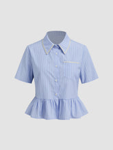 Cotton-blend Collar Stripe Ruffle Hem Shirt