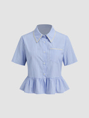 Cotton-blend Collar Stripe Ruffle Hem Shirt