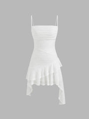 Mesh Floral Texture Ruched Asymmetrical Ruffle Hem Mini Dress