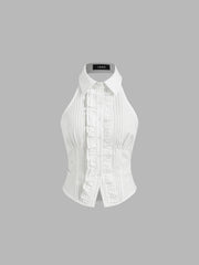 Cotton-blend Stripe Ruched Lettuce Trim Top