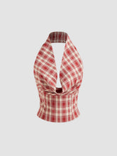 Multi-way Cowl Neck Plaid Shirred Tank Top