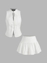 Cotton-blend Mandarin Collar Cut Out Top & Low Rise Ruffle Hem Mini Skirt