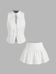 Cotton-blend Mandarin Collar Cut Out Top & Low Rise Ruffle Hem Mini Skirt