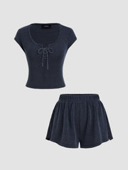 Stripe Lace Up Knotted Crop Tee & Elastic Waist Shorts Set