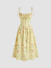 Linen-blend Square Neck Ditsy Floral Shirred Knotted Midi Dress