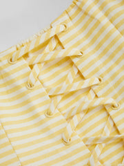 100% Cotton Sweetheart Stripe Lace Up Ruffle Hem Midi Dress