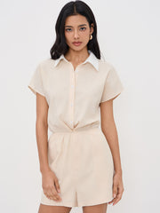 Linen-blend Polo Elastic Waist Romper
