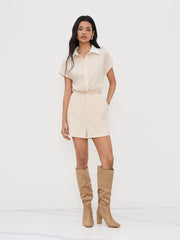 Linen-blend Polo Elastic Waist Romper