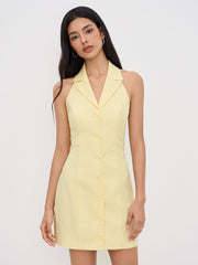 Linen-blend Collar Halter Neckline Button Through Mini Dress