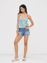 V-neck Floral Beaded Ruffle Hem Cami Top
