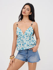 V-neck Floral Beaded Ruffle Hem Cami Top