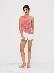 Jacquard Asymmetrical Neck Floral Stripe Drawstring Tank Top