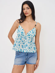 V-neck Floral Beaded Ruffle Hem Cami Top