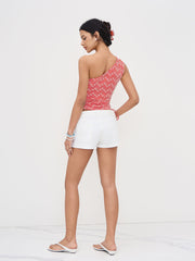 Jacquard Asymmetrical Neck Floral Stripe Drawstring Tank Top
