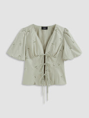 V-neck Floral Embroidery Tie Front Bow Short Sleeve Blouse
