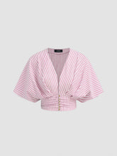 Cotton-blend V-neck Stripe Ruched Dolman Sleeve Shirt