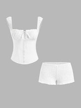 Cotton Broderie Anglaise Trim Tank Top & Low Rise Shirred Bowknot Shorts Set