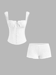 Cotton Broderie Anglaise Trim Tank Top & Low Rise Shirred Bowknot Shorts Set