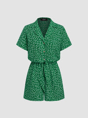 Polo Floral Button Elastic Waist Romper