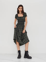 Square Neck Plaid Lettuce Trim Shirred Knotted Maxi Dress