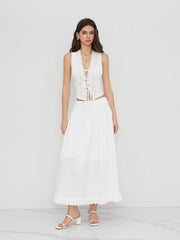 V-neck Tie Front Bow Broderie Anglaise Tank Top