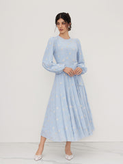 Round Neckline Crochet Floral Ruffle Maxi Dress With Scarf