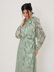 Stand Collar Floral Knotted Cinched Waist Maxi Dress