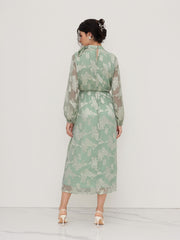 Stand Collar Floral Knotted Cinched Waist Maxi Dress
