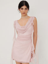 Mesh Cowl Neck Solid Ruffle Hem Ruched Mini Dress