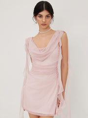 Mesh Cowl Neck Solid Ruffle Hem Ruched Mini Dress