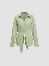 Linen-blend Polo Neck Asymmetrical Hem Knotted shirt