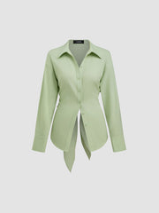 Linen-blend Polo Neck Asymmetrical Hem Knotted shirt
