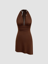V-neck Halter Ruched Knotted Mini Dress