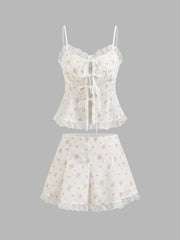 Sweetheart Floral Embroidery Tie Front Lace Trim Cami Top & Ruffle Shorts Set