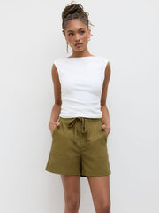 Linen-blend Mid Rise Drawstring Shorts