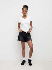 Cotton-blend V-neck Ruched Curve Hem Baby Tee