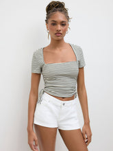 Square Neck Stripe Drawstring Ruched Crop Tee