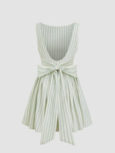 Boat Neck Stripe Backless Knotted Pocket Ruffle Mini Dress