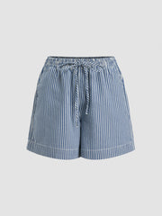 Denim Mid Rise Elastic Waist Stripes Shorts