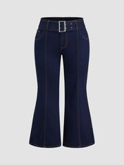 High Stretch Denim Mid Rise Flared Jeans With Belt Curve & Plus