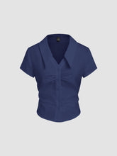 100% Cotton Polo V-neck Ruched Short Sleeve Shirt