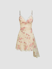 Mesh V-neck Floral Lace Trim Ruched Asymmetrical Hem Mini Dress